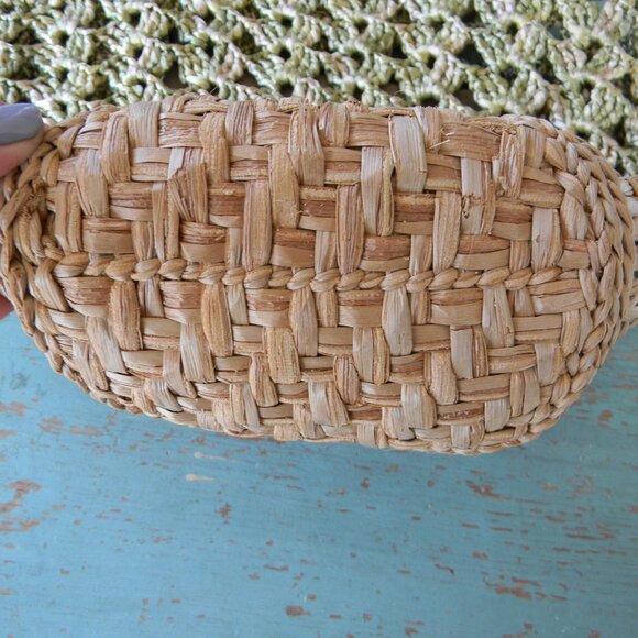 Gabriela Vlad GREEN/TAN WICKER STRAW BUCKET BAG SUMMER BOHO LEATHER TRIM - Picture 5 of 9